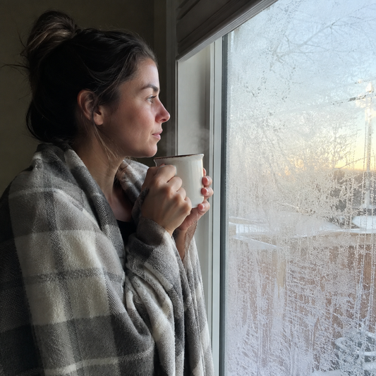 Woman standing at a frosted window in the early morning, wrapped in a blanket, holding a warm mug and looking out at pale winter light.