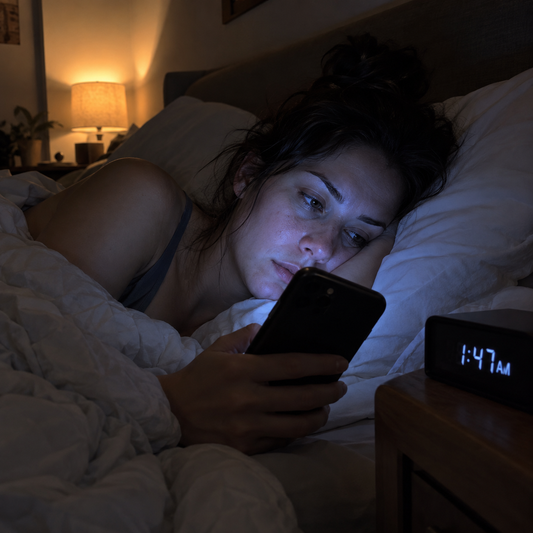 A woman lying awake in bed at night, phone screen lighting her face, clock showing a late hour on the nightstand.