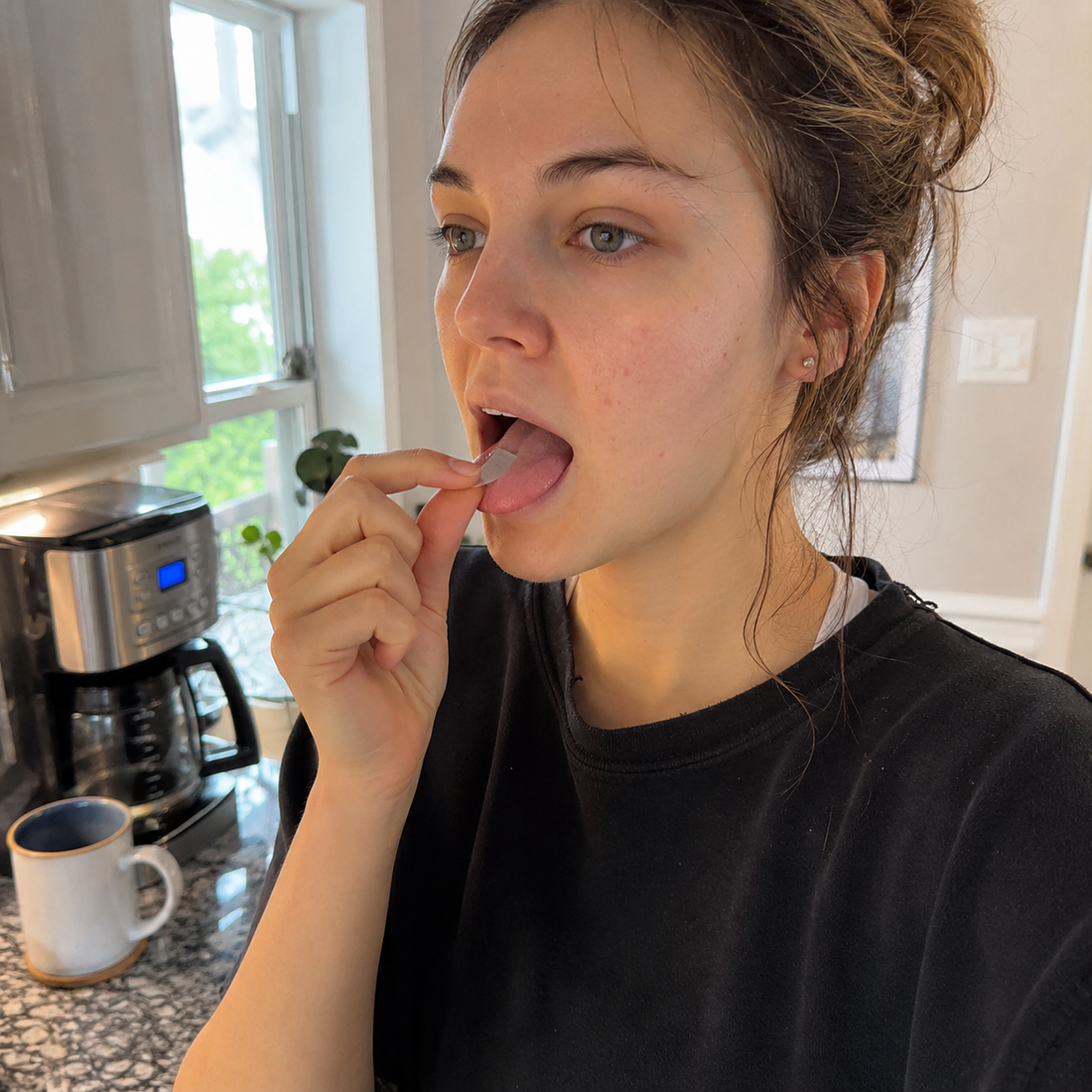 Young woman placing a Holy Strips multivitamin oral strip on her tongue while coffee brews in a sunlit kitchen.