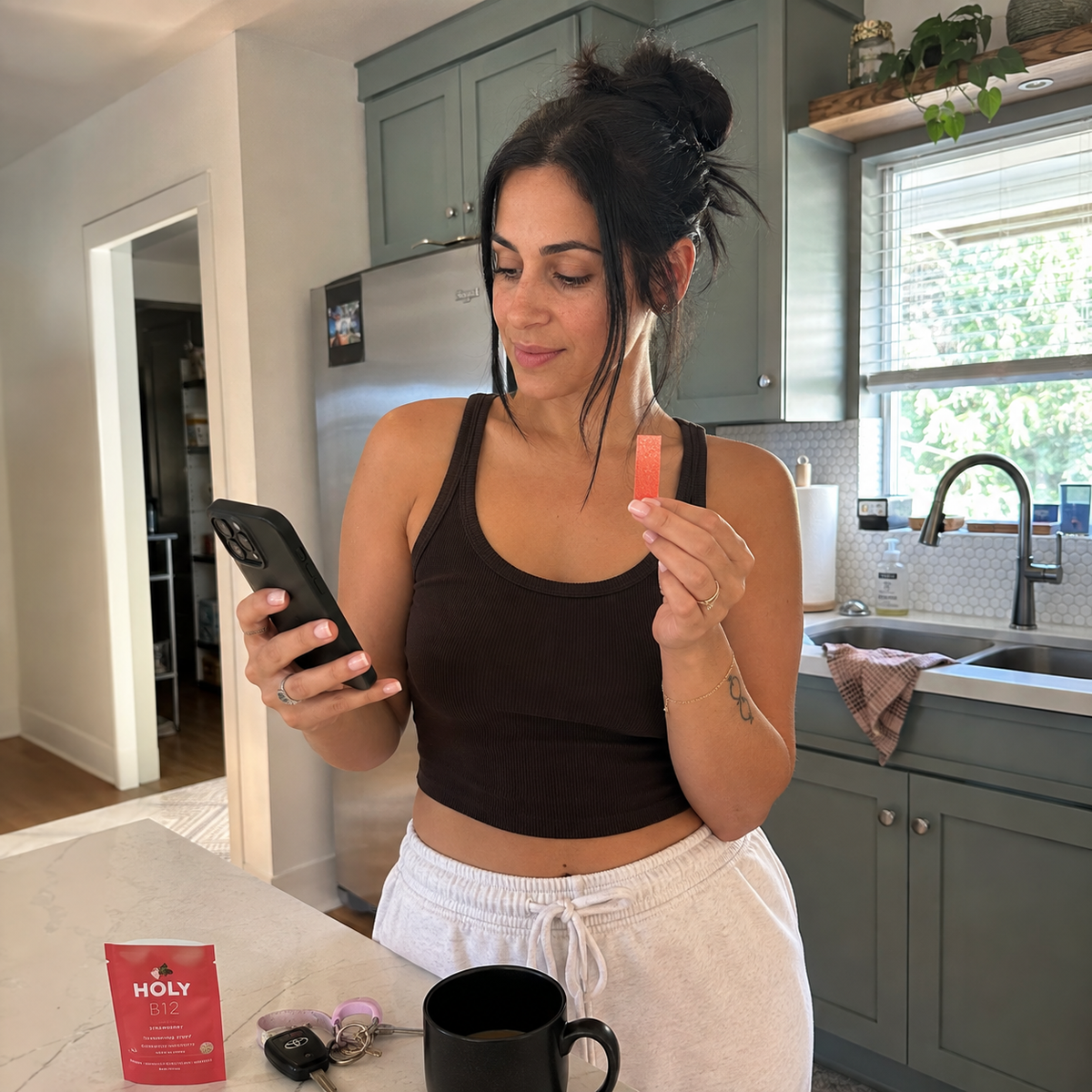 A woman checking her phone while holding a Holy Strips B12 strip at her kitchen counter.