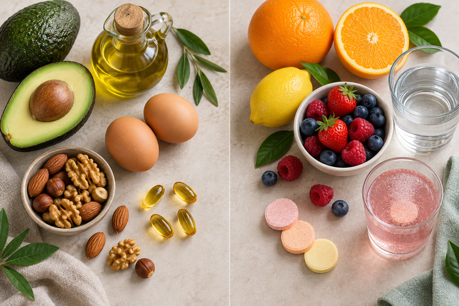 Illustrated comparison of fat-soluble vitamins A, D, E and K with water-soluble B vitamins and vitamin C
