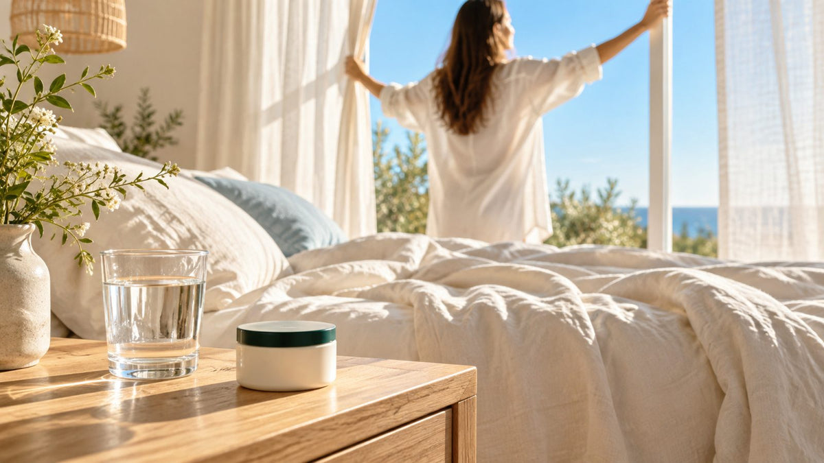 Person opening bedroom curtains to bright morning sunlight beside a nightstand with a glass of water and a small tin