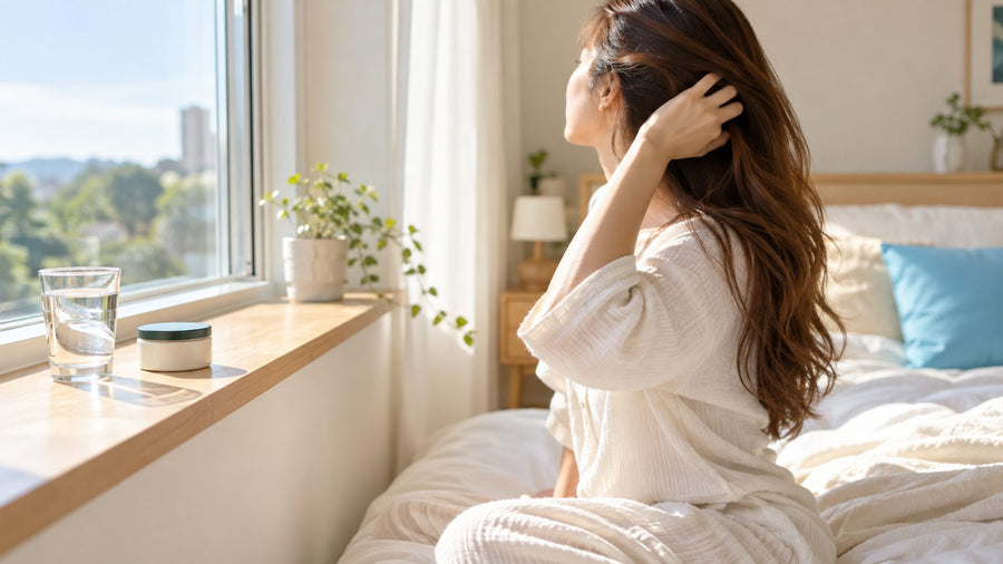 Woman by a sunny bedroom window running her fingers through long healthy hair, a small cream tin and glass of water on the sill