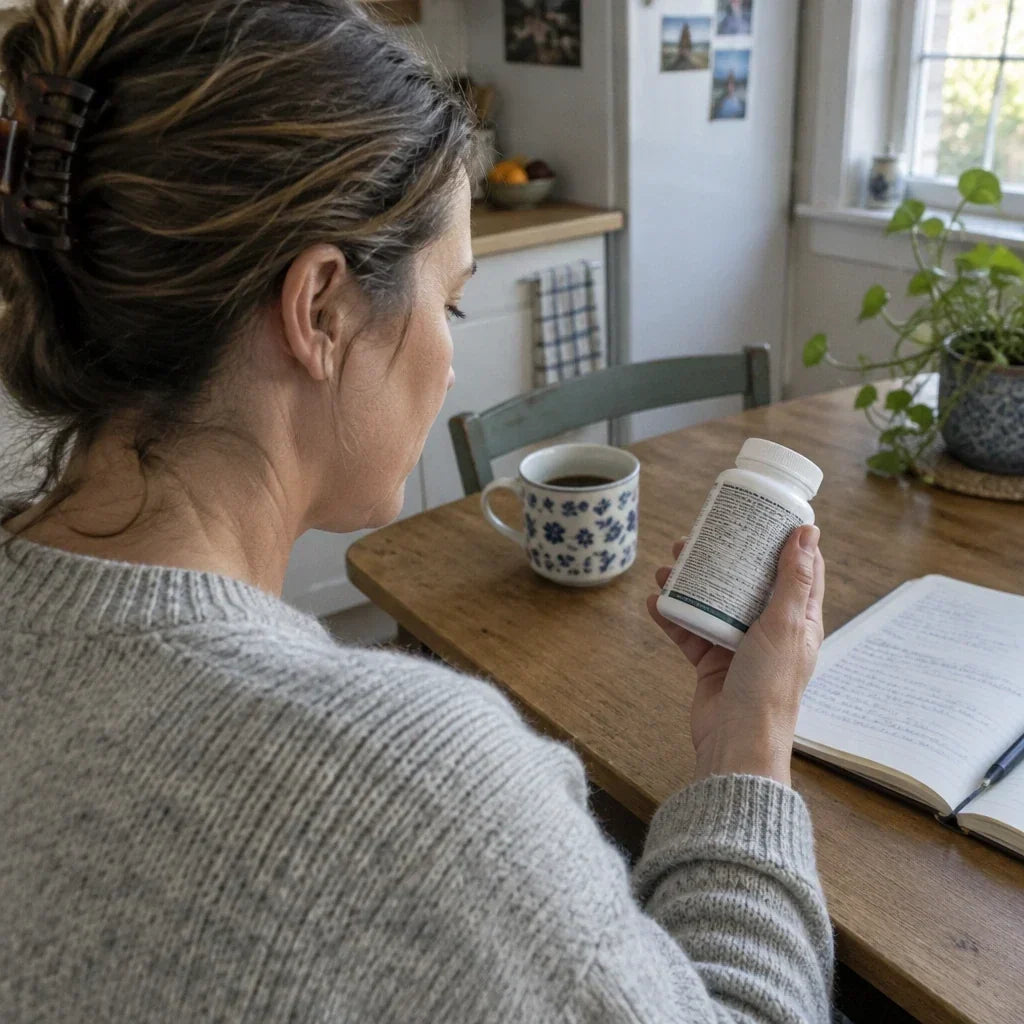 Woman reading a supplement bottle label with a notebook beside her.