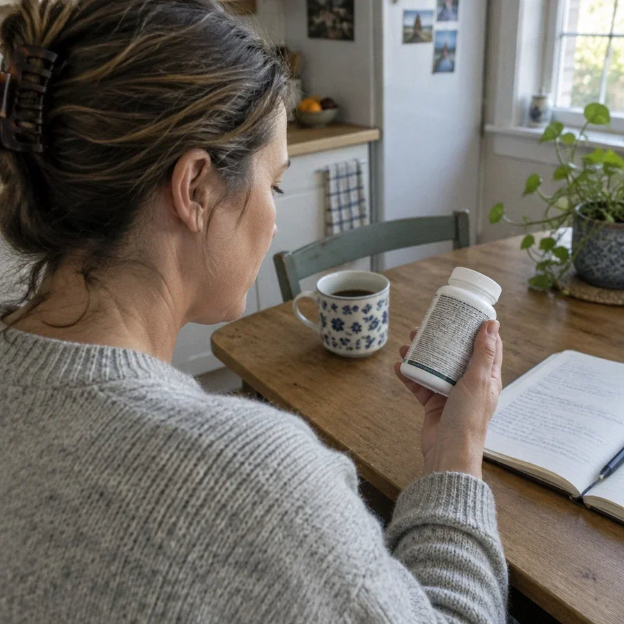 Woman reading a supplement bottle label with a notebook beside her.