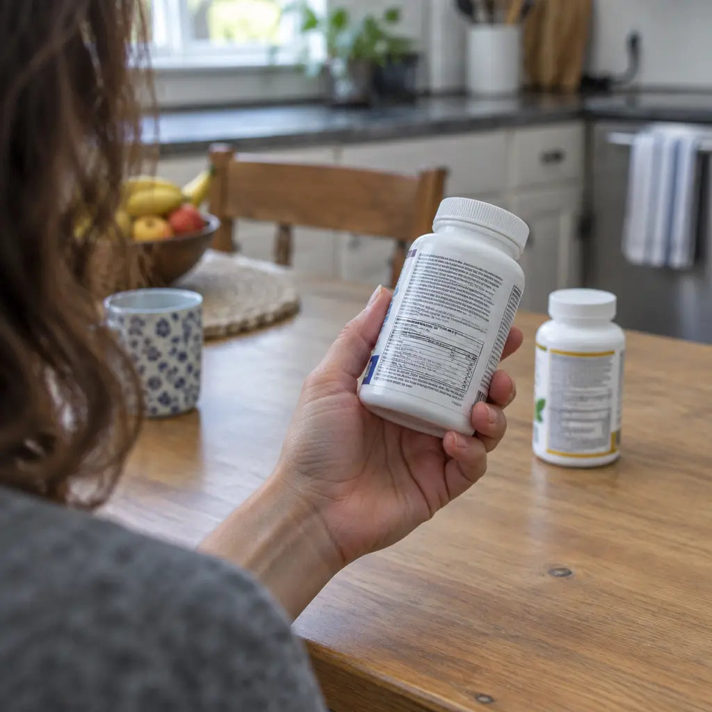 Close-up of a woman inspecting the back label of a supplement bottle.