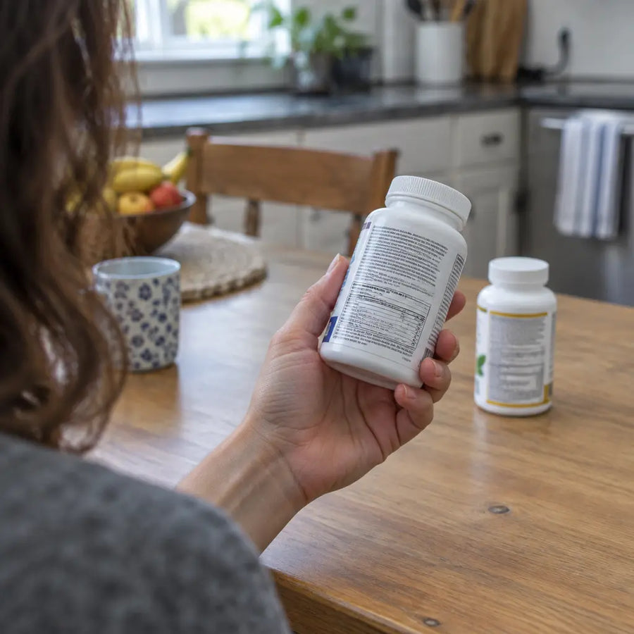 Close-up of a woman inspecting the back label of a supplement bottle.