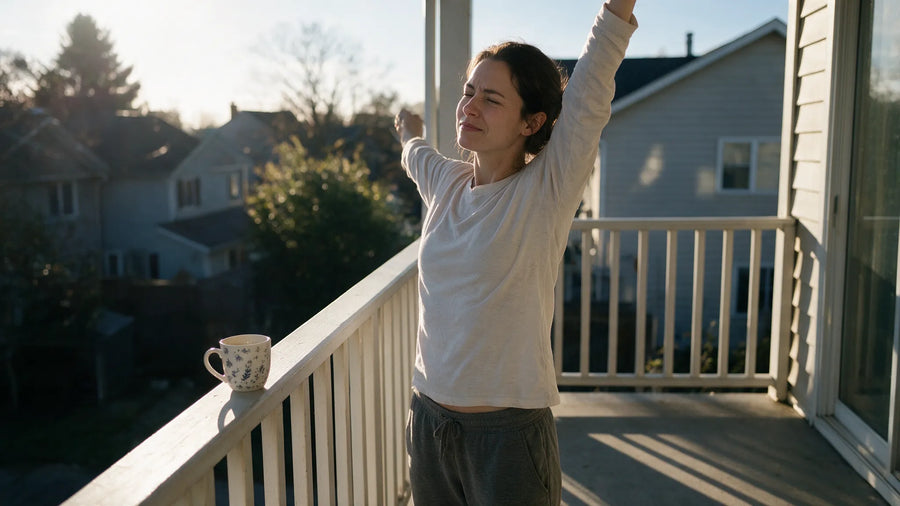 Woman stretching outdoors on a porch in the early morning sunlight
