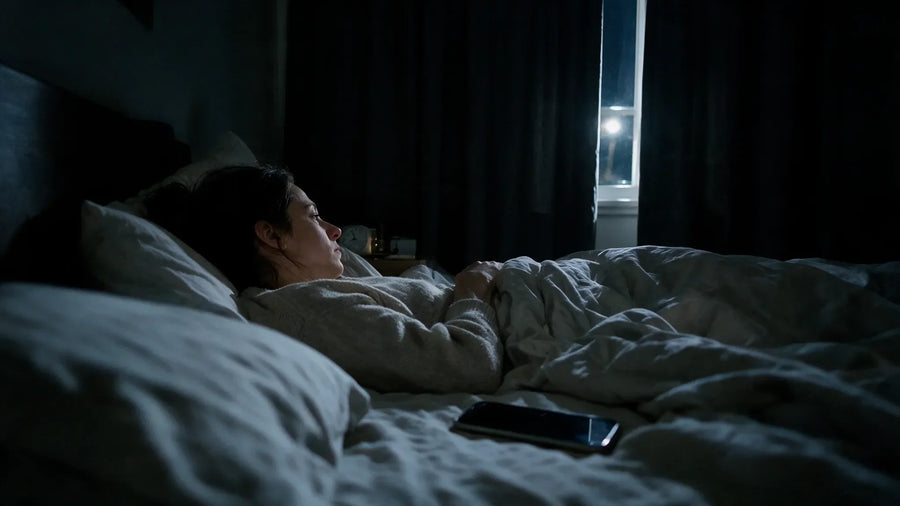 Person lying awake in bed at night, checking the time on a nightstand clock