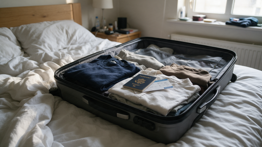 Open suitcase being packed with a passport and boarding pass resting on top