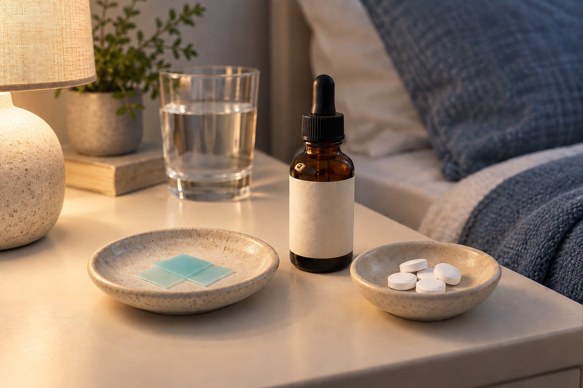 Dissolvable strips, white tablets, and an amber dropper bottle arranged on a softly lit bedside table.