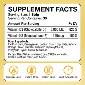 HolyStrips® D3 + K2 fast-dissolving strips: supplement facts with dosage, ingredients, and icons for gluten-free, dairy-free, color-free, and immune support.
