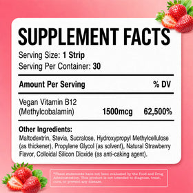HolyStrips® Vitamin B12 supplement facts: ingredients, serving size, B12 per strip, % daily value, FDA disclaimer. Corners feature strawberries. Brand: Holy Strips.