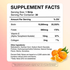 Supplement facts label for HolyStrips® Biotin by Holy Strips, displaying per-serving amounts of biotin, folate, vitamin E, and collagen in a fast-dissolving oral strip designed to support hair, skin, and nails. A photo of oranges and limes appears in the bottom right corner.