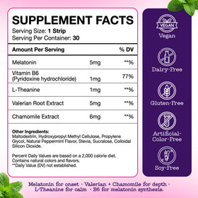 The supplement facts label for HolyStrips® Melatonin Strips by Holy Strips displays the ingredients and their amounts per serving, including melatonin, vitamin B6, L-theanine, valerian root, and chamomile extract. Ideal for anyone in need of a fast-acting sleep aid, these dissolvable strips are both vegan and allergen-free—as highlighted by the included icons.