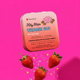 A bright pink tin labeled “HolyStrips® Vitamin B12” from Holy Strips features strawberries and droplets, highlighting brain health, mood, energy, and fast-dissolving B12.