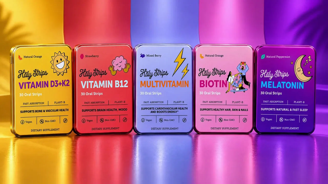 Holy Strips vitamin tins: D3+K2, B12, Multivitamin, Biotin and Melatonin