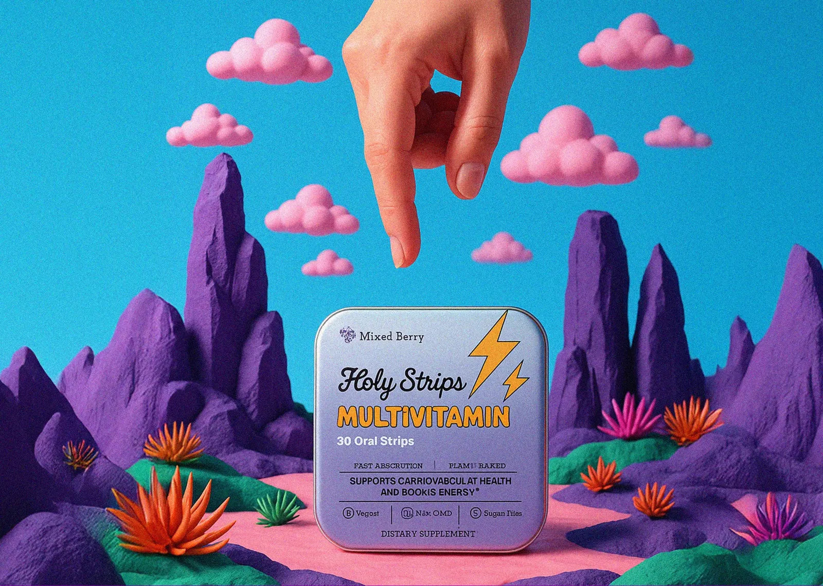 Holy Strips Multivitamin tin in an illustrated landscape